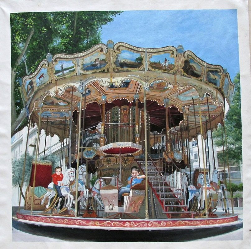Colorful vintage double-decker carousel with children riding horses, surrounded by trees and buildings in the background.