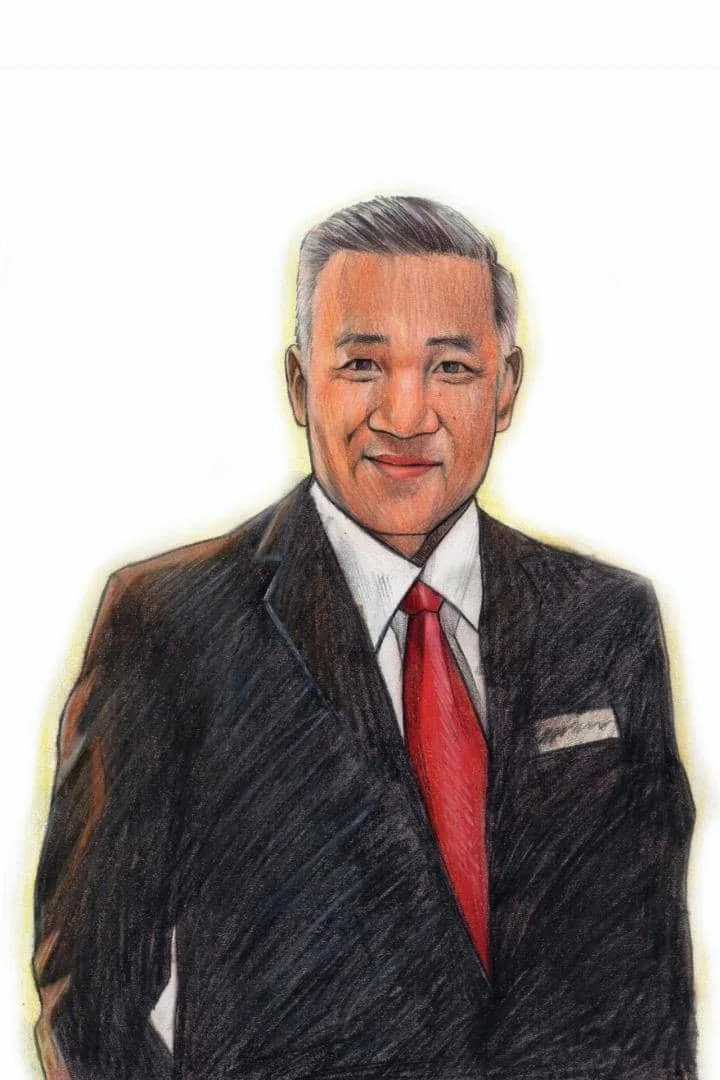Hand-drawn portrait of a man in a suit with a red tie, smiling, with short gray hair, against a plain background.