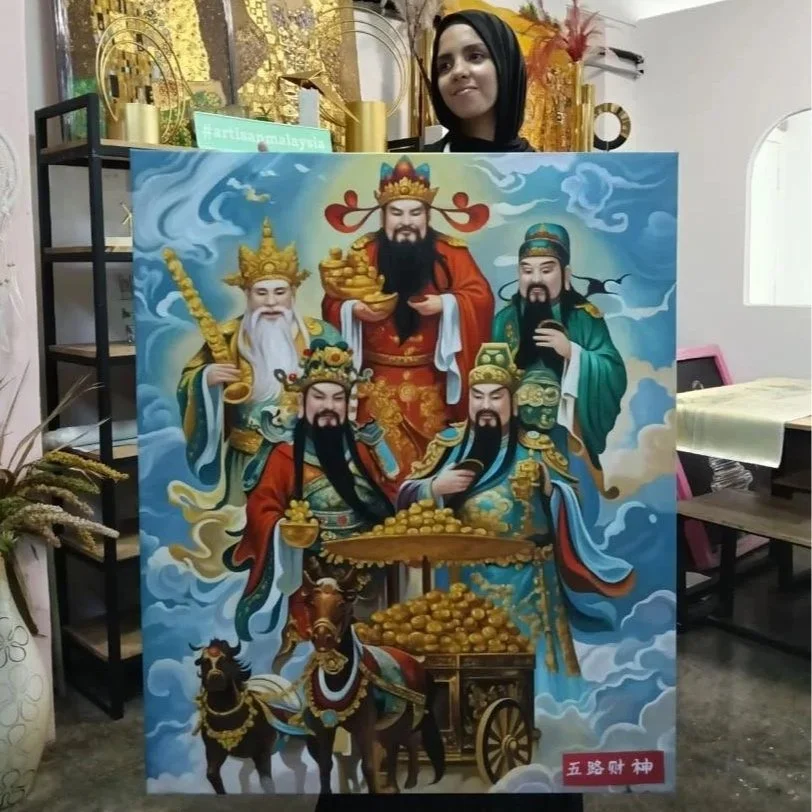 A colorful depiction of five Chinese deities or historical figures dressed in traditional robes, surrounded by blue clouds, with two horses at the bottom. A woman peeks over the top of the artwork.