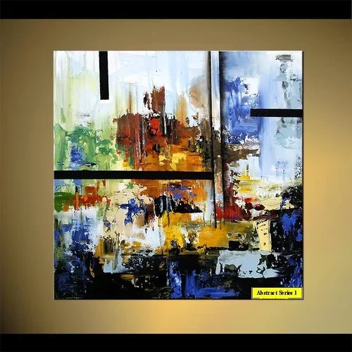 Abstract painting with bold brushstrokes and splashes of color, featuring shades of blue, yellow, red, green, and white, displayed on a beige wall.