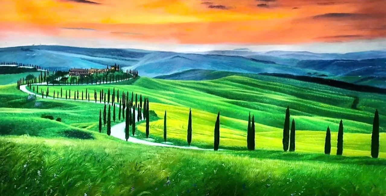 A painting of rolling green hills with cypress trees and a winding path, under an orange and yellow sunset sky.