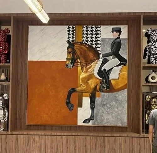 A painting of a woman riding a horse, with abstract geometric background in wood-paneled room. Shelves with decorative objects on either side.