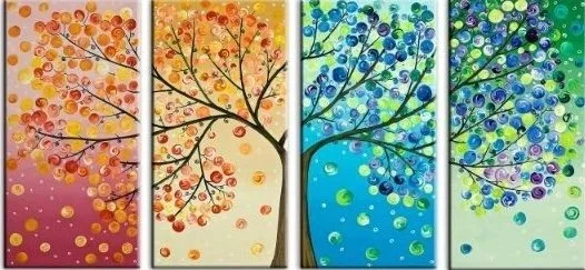 Four vertical panels of abstract trees with colorful circular leaves, transitioning from warm colors on the left to cool colors on the right.