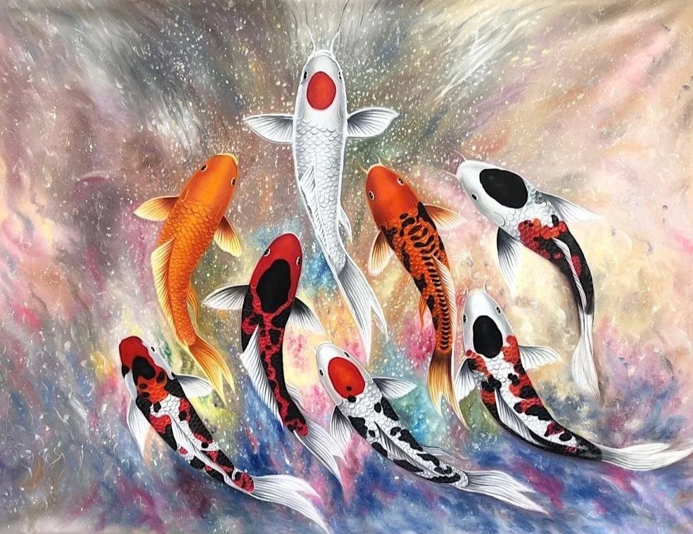 A colorful painting of various koi fish swimming in a swirling, abstract background.