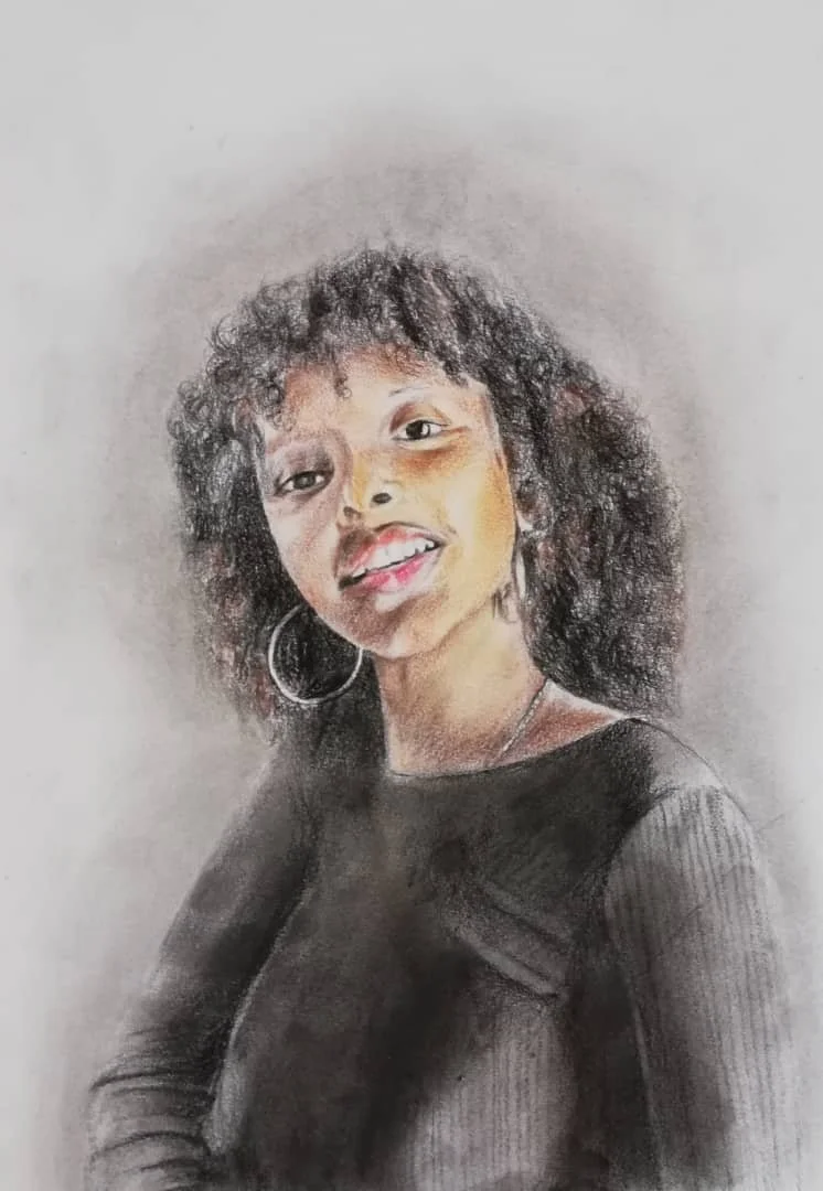 A colored pencil portrait of a woman with curly hair wearing hoop earrings and a black top, smiling.