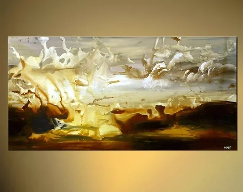 Abstract painting resembling a landscape with clouds and a sunset in earth tones.