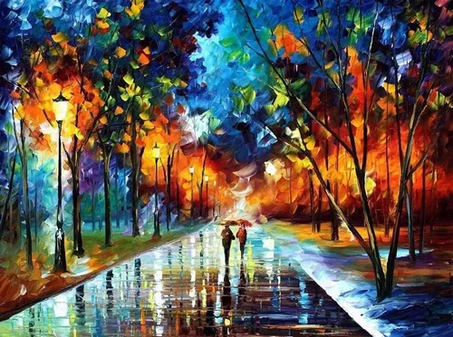 A colorful impressionist painting of a park during autumn with trees displaying vibrant fall foliage. Two people are walking along a wet pathway, reflecting the surrounding trees and sky.