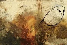 Abstract painting with earthy tones and a black wire loop on aged, textured paper