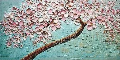Close-up of a textured wall with a painted tree branch and pink blossoms.