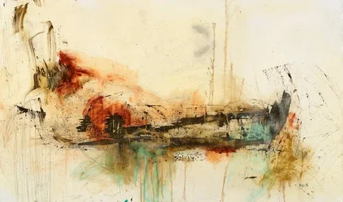 Abstract watercolor painting with hues of orange, black, and green on a light background.