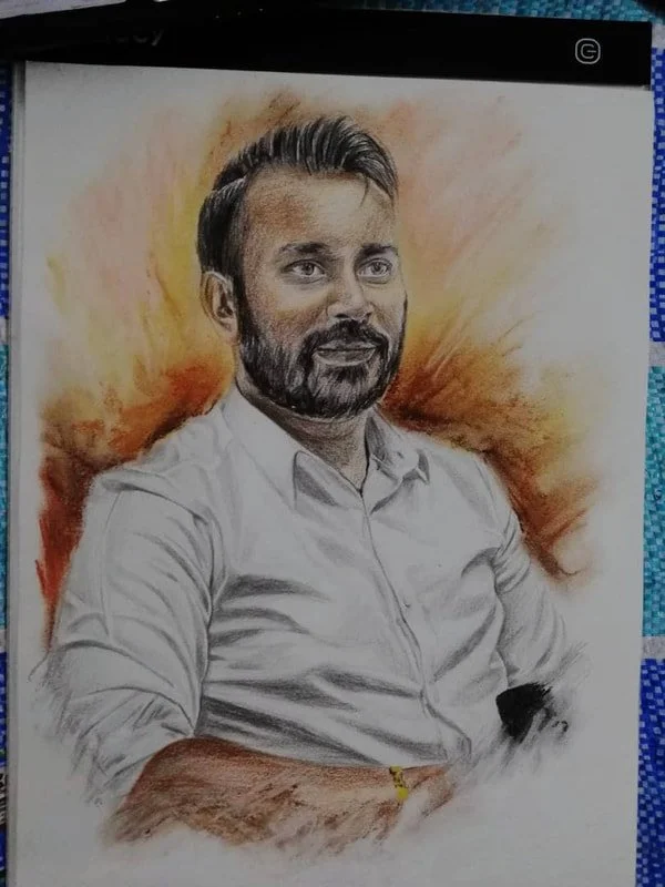 Hand-drawn portrait of a man with a beard and styled hair, wearing a white button-up shirt, against a warm colored background.