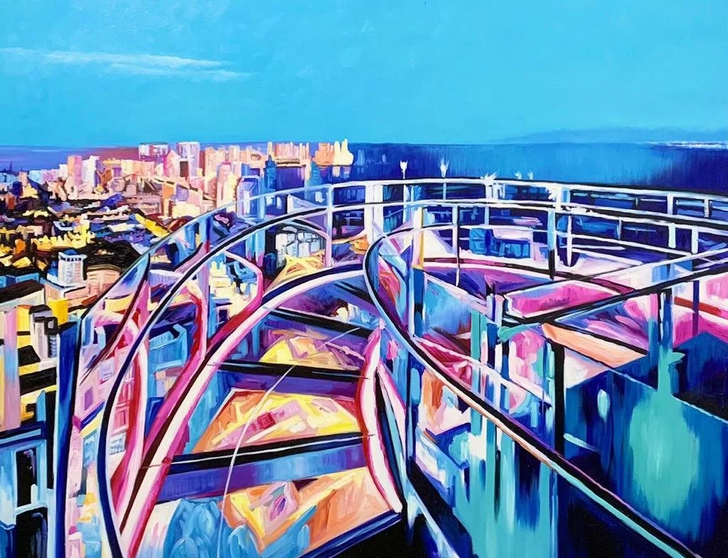 A colorful painting of a cityscape viewed from a high vantage point, featuring a curved elevated walkway or bridge with city buildings in the background and a body of water to the right.