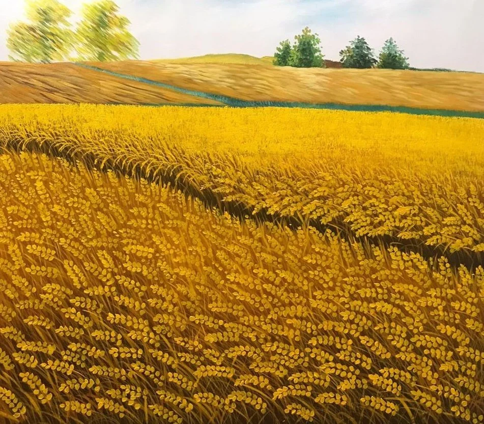 A painting of a rural landscape with a wheat field in the foreground, rolling hills in the background, and a few trees under a cloudy sky.