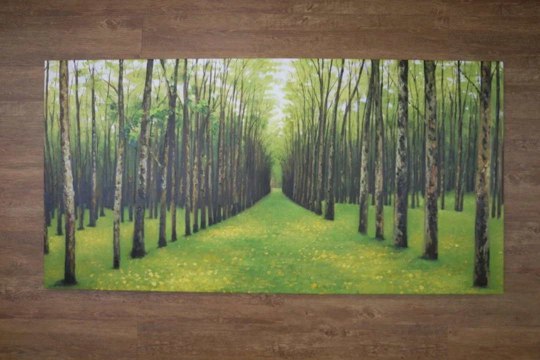Painting of a forest path with tall, thin trees on both sides and green foliage overhead.