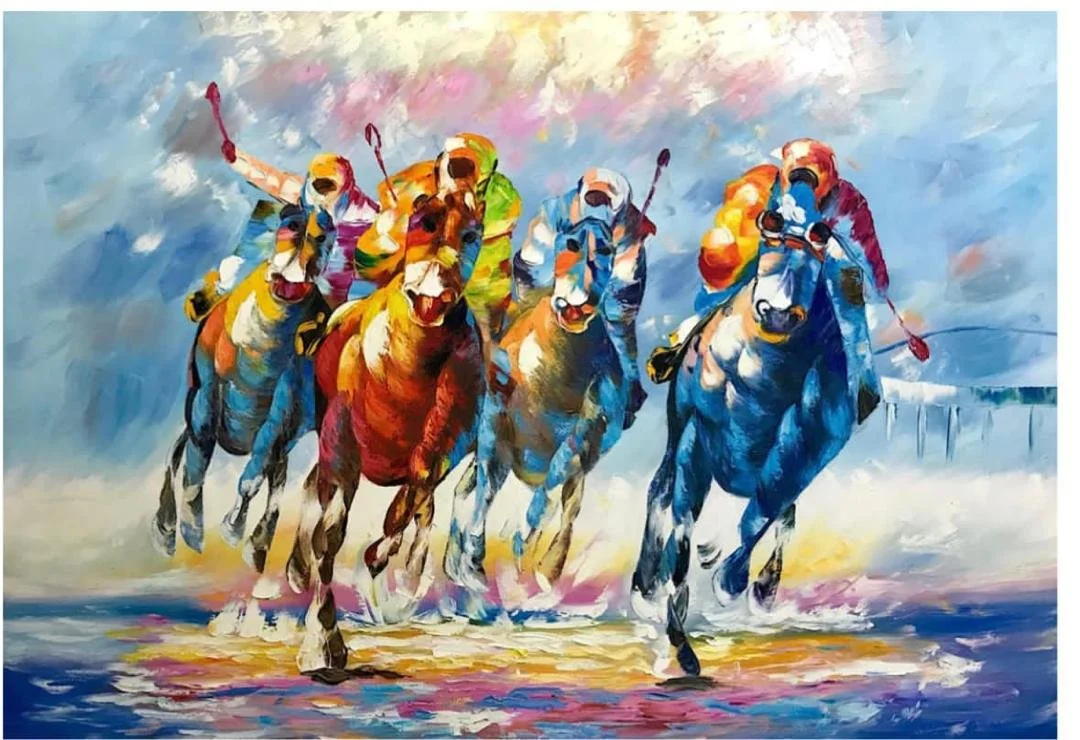 Colorful painting of a horse race with six horses and jockeys, running on a racetrack with a vibrant sky background.