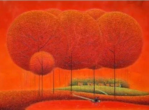 Artistic painting of a landscape with three large, fluffy, orange-red trees and a small person walking underneath, set against a red-orange background.