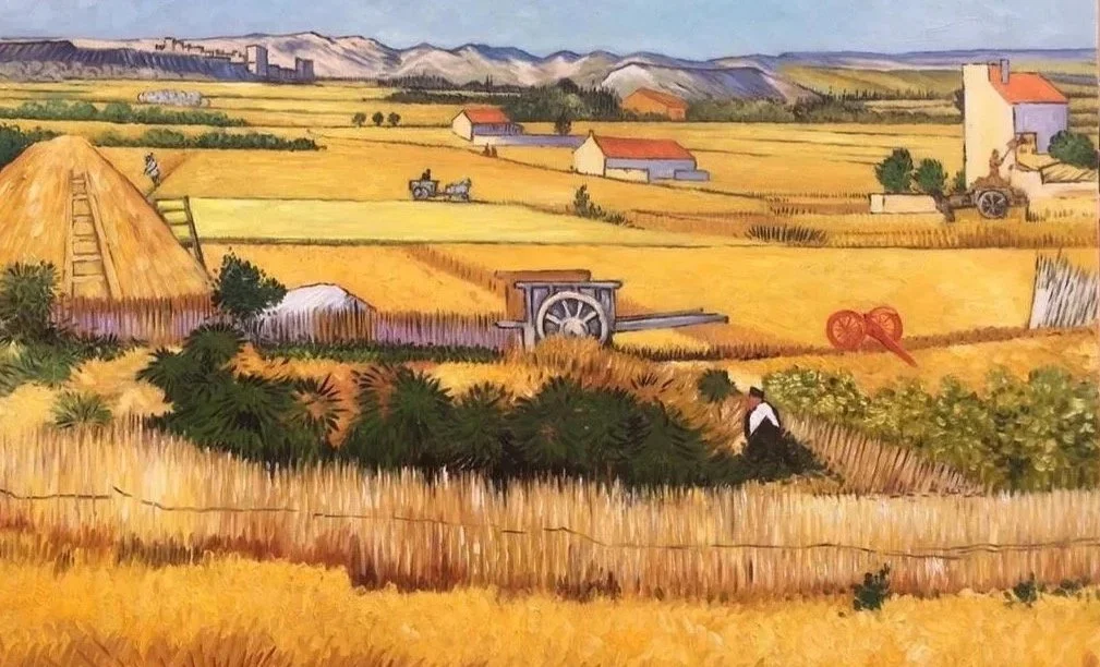 A colorful painting of a rural farm landscape with fields, haystacks, farm equipment, and a person working in the field.