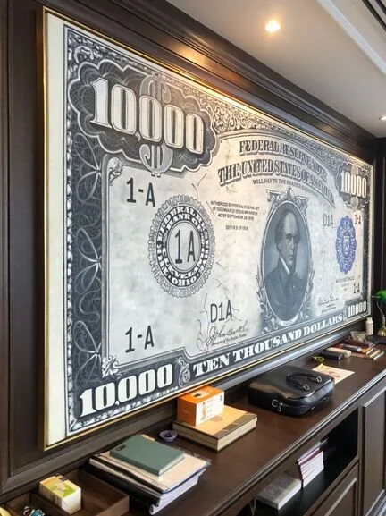 Large framed artwork resembling a ten thousand dollar bill hanging on a wall above a table with books and electronic devices.