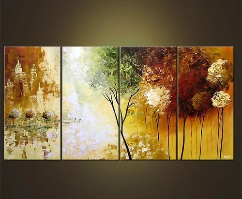 A four-panel abstract painting featuring a landscape with trees and flowers in shades of green, brown, yellow, and white.