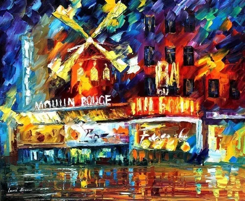 Colorful impressionistic painting of the Moulin Rouge with a windmill, neon lights, and a lively street scene.