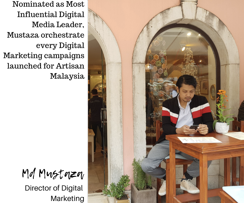 A man sitting at an outdoor table with a potted plant, using his phone inside a restaurant with arched windows, with text overlay about digital media leadership in Malaysia.