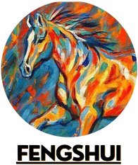Colorful abstract painting of a running horse inside a circular frame with the word 'FENGSHUI' below.