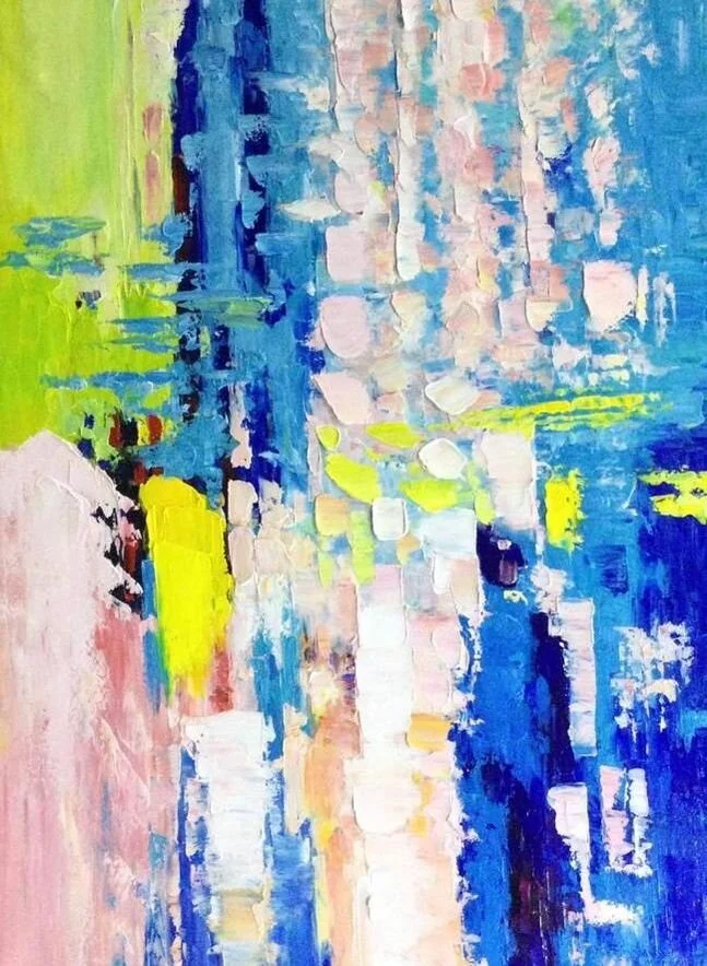 Abstract painting with vertical brushstrokes in blue, pink, white, yellow, and green colors.