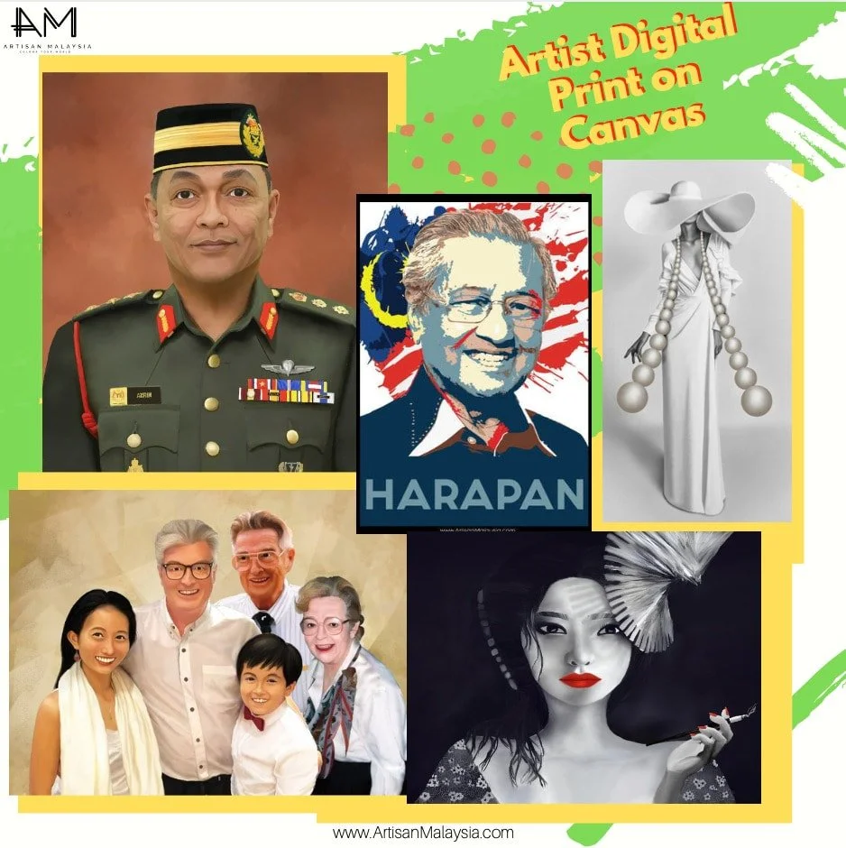 Collage of digital art prints including a military officer, a colorful portrait of a smiling man with glasses, a black and white fashion illustration of a model with large hats and beaded accessories, a family portrait of three adults and a child, and a stylized black and white woman with red lipstick holding a cigarette.