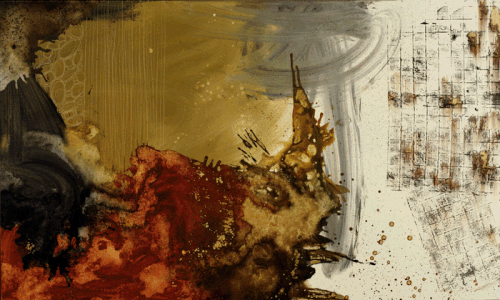 Abstract artwork featuring dark colors, reds, and earthy tones with textured brushstrokes and splatters.