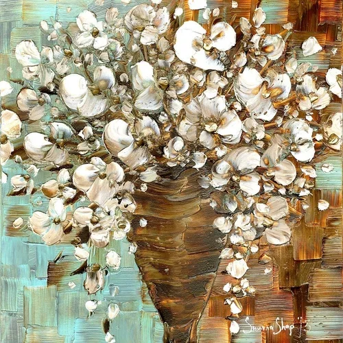 Painting of a large cotton plant in a brown vase with cotton bolls, with a textured background of brown and teal brushstrokes.