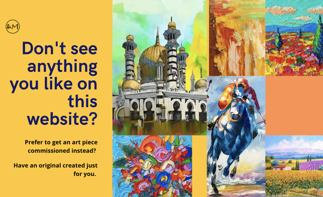 A website advertisement with a yellow background on the left side and various colorful paintings on the right side. The text asks, 'Don't see anything you like on this website?' and offers options for commissioned art or original creations.