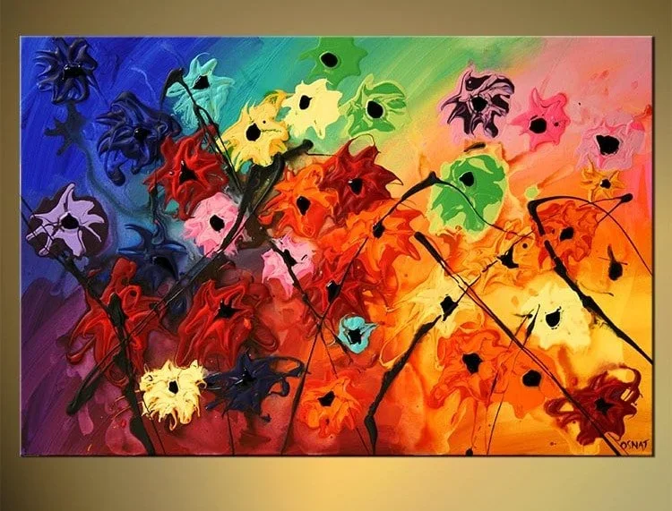 Abstract painting of multicolored flowers with dark stems on a vibrant rainbow background.