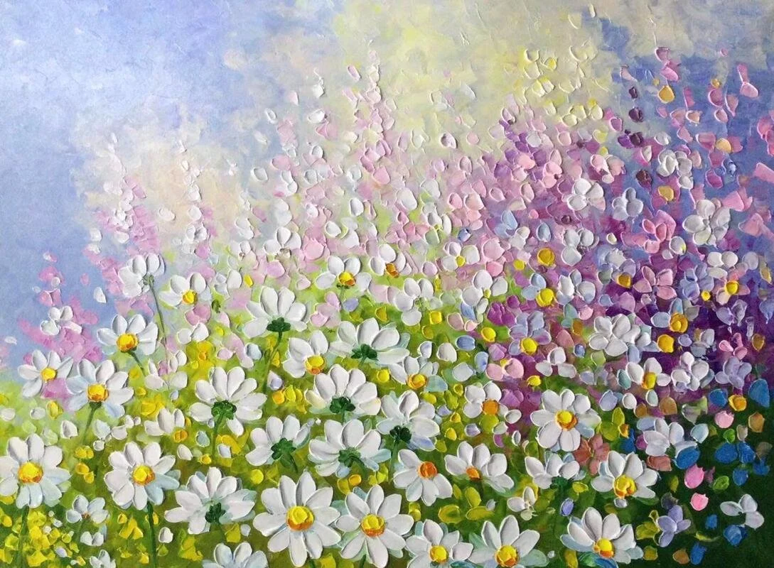Painting of a field of white daisies with yellow centers and pink, purple, and blue flowers in the background.