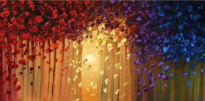 Abstract painting of colorful falling leaves or petals in red, yellow, purple, and orange hues with a bright light in the center.
