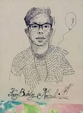 A hand-drawn portrait of a young man with glasses, wearing a patterned shirt, with a speech bubble containing a question mark and a birthday message that says 'Happy Birthday, Manuel' at the bottom.