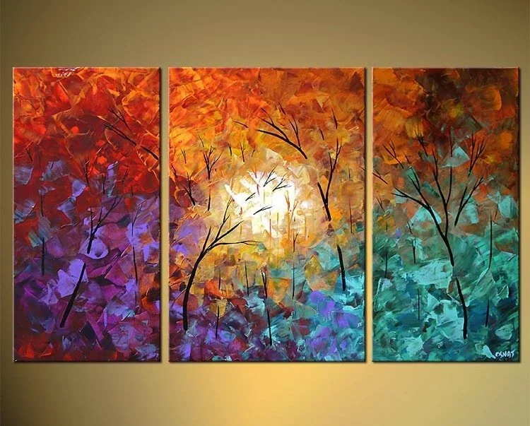 Abstract triptych painting of trees with colorful leaves in shades of red, orange, yellow, purple, and turquoise, with a bright light or sun in the center.