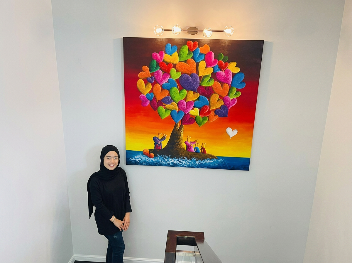 A woman wearing a black hijab and black outfit smiling standing in front of a colorful painting of a tree with heart-shaped leaves against a sunset background.