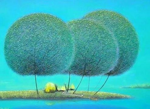 Three large, round, green trees with thin trunks on a narrow land strip surrounded by water.