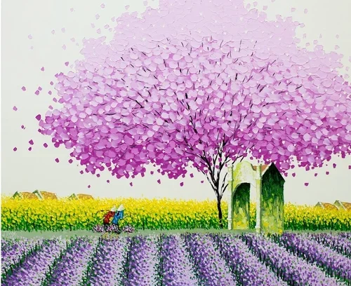 A watercolor painting of a pink flowering tree next to a green stone archway, with yellow and purple fields and a person riding a bicycle in the background.