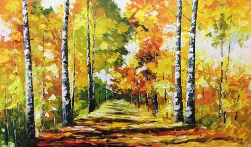 Watercolor painting of an autumn forest path with colorful fall leaves on trees and the ground.