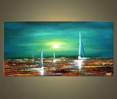 Sunset over the ocean with three sailboats and a vibrant, colorful sky.