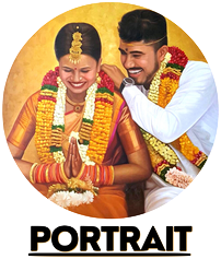 A bride and groom in traditional Indian wedding attire, smiling and exchanging garlands amid a yellow and black background.