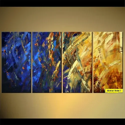 Four abstract paintings with bold brushstrokes in blue, gold, and earth tones displayed on a wall. Small yellow label reads "Abstract Series 1."