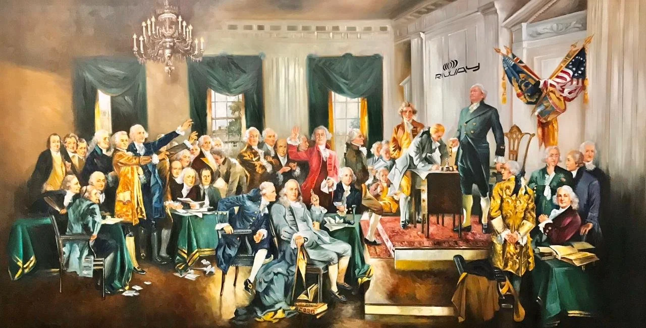 Painting of the Declaration of Independence signing scene.