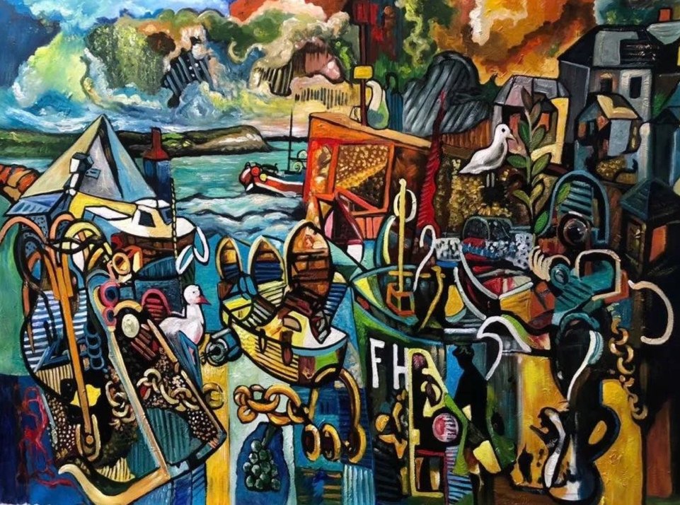 Colorful abstract painting of harbor with boats, seagulls, boats, water, and sky with clouds, using bold lines and vibrant colors.