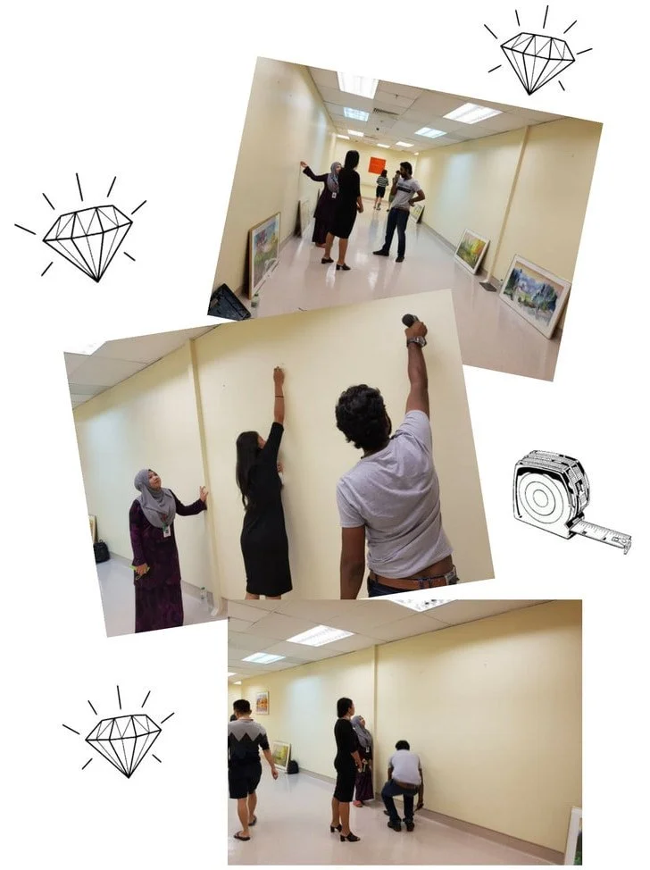 Photos of people viewing and examining art in an art gallery or museum, with some taking notes and discussing.