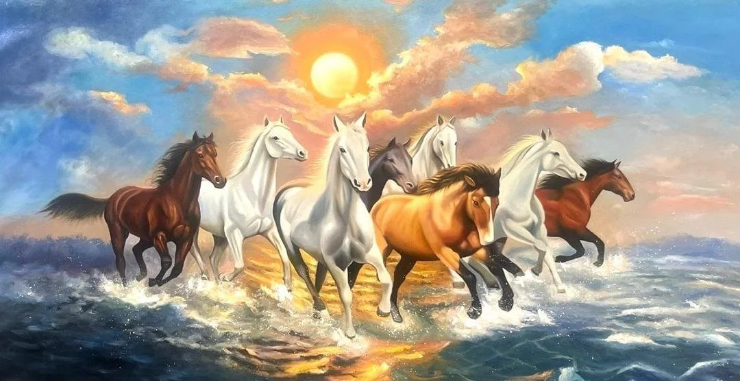 A painting of seven horses running through water with a sunset in the background.