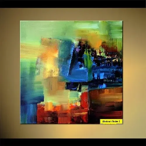 Abstract painting with bold brushstrokes of green, blue, yellow, orange, red, and black colors.