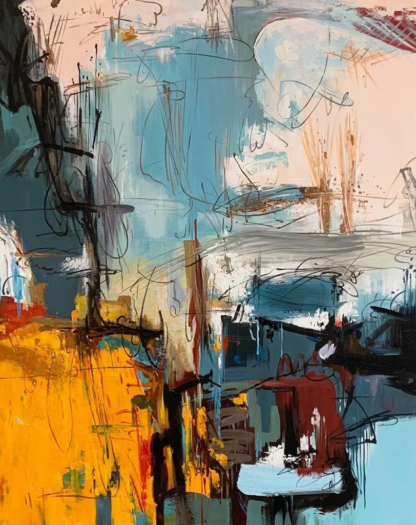 Abstract painting with bold strokes of yellow, orange, blue, black, and white colors with scribbles and lines.
