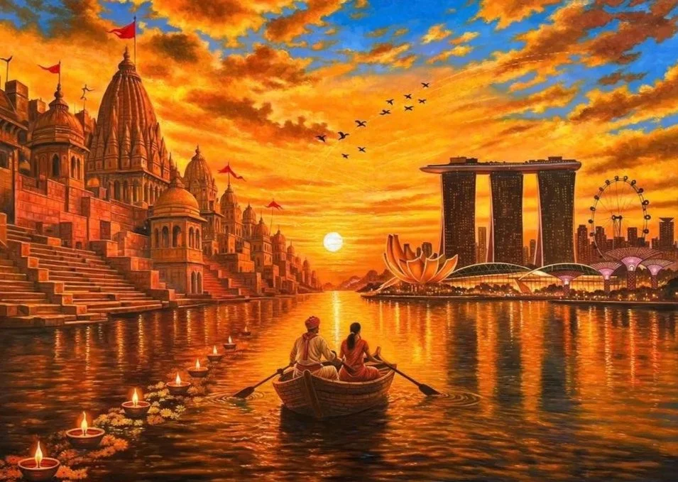 A fantasy scene of a boat with two people floating on a river during sunset, with historic Indian architecture on the left, and modern Singapore landmarks on the right, including the Marina Bay Sands hotel and the Singapore Flyer.
